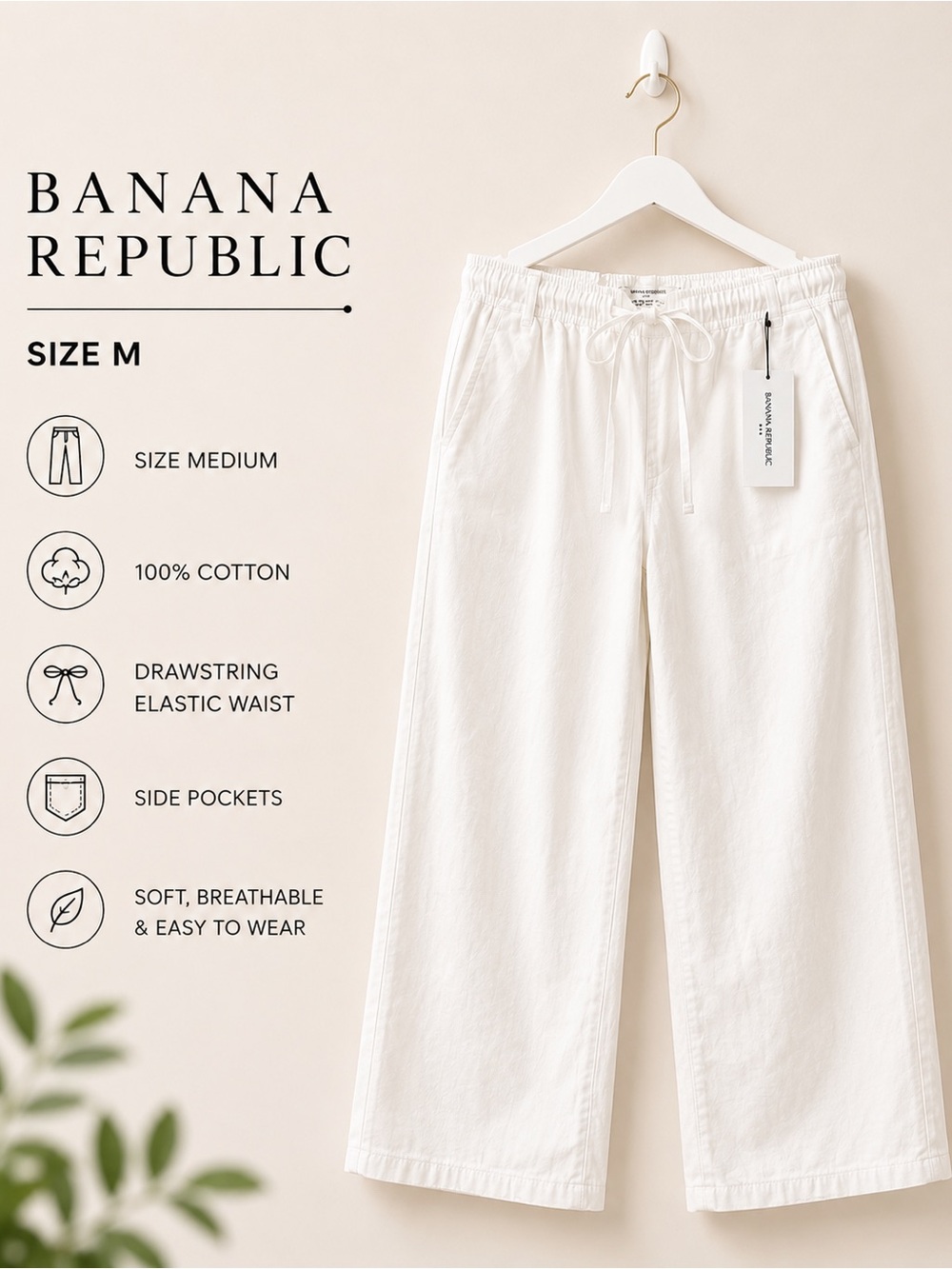 Banana Republic White Elastic-Waist wide leg white  Pants